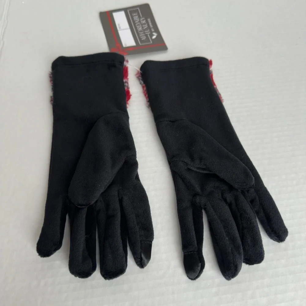 Sprigs Faux fur Cuff Velvet texting Black and Red Plaid Gloves one size fit most